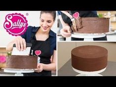 a woman is cutting into a chocolate cake