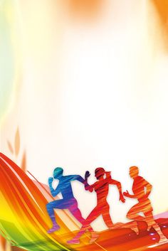 two people are running across a rainbow colored wave with an orange and yellow background behind them