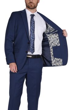 Crafted from a luxurious wool blend, this suit will have you looking sharp for your next special occasion. Jacket has notched lapels; four-button cuffs; chest pocket; flap pockets; interior pockets; side vents Trousers have zip fly with hook-and-bar closure; slant pockets; back button-welt pockets Jacket is lined; trousers are lined to the knee 52% wool, 45% polyester, 3% spandex Dry clean Imported Model stats: 6'1" height, 32" waist. Model is wearing size 40R. Suit With Notch Lapel And Button Closure, Semi-formal Blazer With Pocket Square And Suit Collar, Fitted Business Blazer With Pocket Square, Fitted Blazer With Pocket Square And Suit Collar, Tailored Notch Lapel Blazer With Pocket Square, Tailored Blazer With Notch Lapel And Pocket Square, Tailored Blazer With Pocket Square And Notch Lapel, Tailored Flat Front Suit With Button Closure, Tailored Button Closure Suit With Flat Front