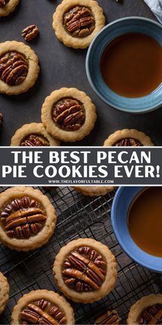 the best pecan pie cookies ever on a cooling rack with cups of tea and pecans