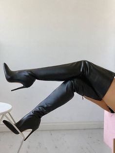 DETAILS PU Zipper Pointed Toe High Heel Leather Heels Outfit, Long Boots Black, Long Black Boots, Long Leather Boots, Over Knee Boots, Knee High Heels, Thigh High Boots Heels, Spring Boots, Stiletto Boots