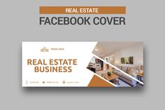 the real estate facebook cover is shown in orange and white colors with an image of a couch