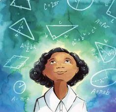 a painting of a girl with many math symbols above her head