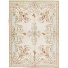 an antique rug with flowers and leaves on the border, in cream color palettes