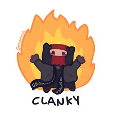 a cartoon character sitting in front of a fire with his hands up and the words cranky written below