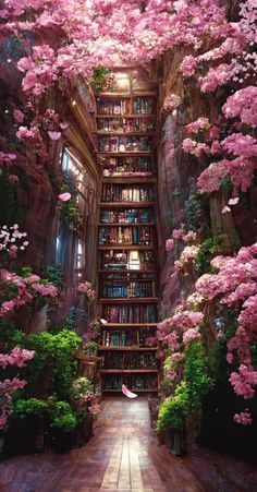 a book shelf filled with lots of books next to pink flowers and trees in the background