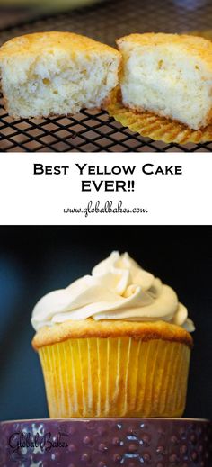 the best yellow cake ever is on display in front of a cupcake with frosting