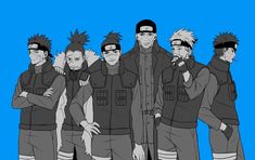 a group of people standing next to each other in front of a blue background with the words naruto on it