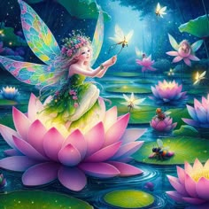 a fairy sitting on top of a pink flower next to water lilies and butterflies