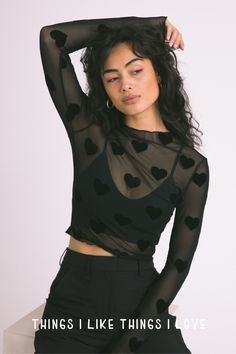 Mesh Love! A fitted crop top with a heart print. Combine with a bralette for a party or dinner. Fitted Crop Top, Wardrobe Refresh, Dopamine Dressing, Female Character, Winter 2024, Looks Style, Clothing Ideas, Heart Print, Black Top