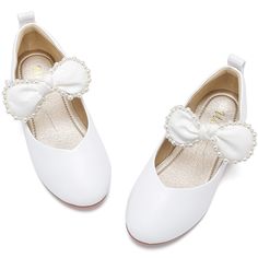 Wedding Shoes With Bow And Round Toe, White Ballet Flats For Spring Party, Party White Round Toe Mary Janes, White Round Toe Mary Janes For Party, White Closed Toe Mary Janes For Party, White Flats With Bow And Round Toe, White Bow Ballet Flats With Round Toe, White Round Toe Flats For Party, White Round Toe Ballet Flats For Formal Occasions