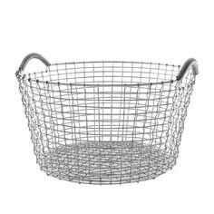 a metal wire basket with handles on the top and bottom, in front of a white background