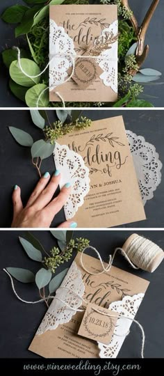 the wedding stationery is made with paper, twine and some greenery to make it