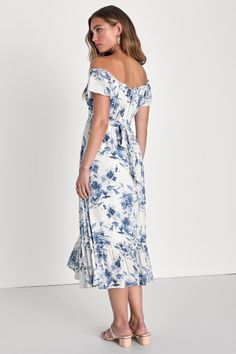 We can't help but dream about all the picnics and brunches we'll attend wearing the Lulus Delightfully Sweet White Floral Off-the-Shoulder Midi Dress! A whimsical floral print decorates gauzy woven fabric as it shapes this perfect sunny day dress, that features a lightly gathered bodice and a ruffle-trimmed, off-the-shoulder neckline, framed by fluttery short sleeves. The set-in waist (with long tying sash that secure at the back) tops a flowy, A-line midi skirt that falls to a tiered hem. Hidde Chic Floral Print Off Shoulder Dress For Garden Party, White Off Shoulder Dress For Brunch, Summer Floral Print Off Shoulder Dress For Garden Party, Summer Off Shoulder Dress With Floral Print For Brunch, Off-shoulder Floral Midi Dress For Summer, Summer Off-shoulder Dress With Floral Print For Brunch, Summer Off-shoulder Dress For Brunch, Casual Off-shoulder Midi Dress For Brunch, Spring Floral Print Off Shoulder Dress For Garden Party