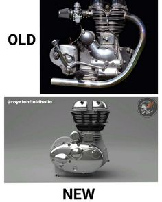 an old and new motorcycle are shown in two different pictures, each with the same engine