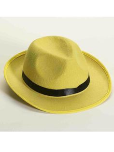 Fedora-able is your style and you're not afraid to show it! When you throw on our Deluxe Yellow Fedora you'll harness the spirit of class and sophistication. An eye popping yellow hue on our chic yet hip fedora, you can bet that it's the ideal way to finish your attire. Make this apart of your wardrobe today. Yellow Costume, Hat Fedora, Black Fedora, Wig Hat, Trilby Hat, Halloween Hats, Halloween Costume Accessories, Felt Fedora, Adult Halloween Costumes