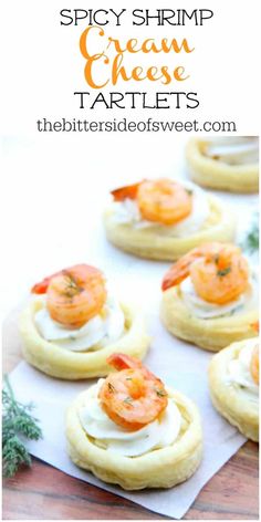 shrimp and cream cheese tartles on top of a sheet of parchment paper with text overlay