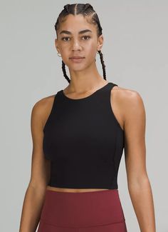 Black Lululemon Yoga Tops, Lululemon Black Yoga Top, Lululemon Top With Built-in Bra For Gym, Lululemon Sporty Top With Built-in Bra, Sporty Lululemon Tops With Built-in Bra, Lululemon Compressive Sports Bra, Fitted Versatile Lululemon Sports Bra, Lululemon Fitted Activewear With Removable Bra Pads, Versatile Lululemon Sports Bra For Workout