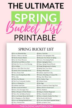 the ultimate spring bucket list printable with pink and green text overlaying it