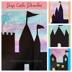 some castle silhouettes made out of paper and colored watercolor papers with the words save castle silhouettes on them