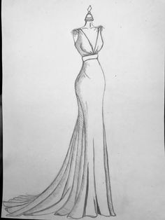 a drawing of a dress on a mannequin's neckline, with a high collar and long train