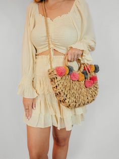 Woven Beach Bags, Grey And Orange, Summer Styles, A Cross, Fashion Styles, Pom Poms, Pink Grey, Straw Bag