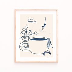 a drawing of a coffee cup with flowers in it and a bird flying over the mug