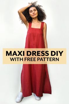 a woman in a red dress with the text, max dress diy with free pattern