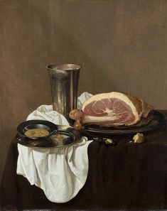 a painting of meat on a table with a silver cup and saucer next to it