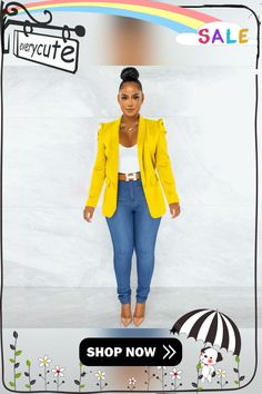 Solid Color Long Sleeve Office Lady Blazer Jackets Yellow Long Sleeve Outerwear For Office, Casual Solid Color Blazer For Spring, Trendy Long Sleeve Yellow Blazer, Chic Yellow Single Breasted Outerwear, Chic Yellow Single-breasted Outerwear, Casual Yellow Blazer For Work, Trendy Yellow Long Sleeve Blazer, Trendy Winter Blazer For Day Out, Fitted Solid Color Outerwear For Spring