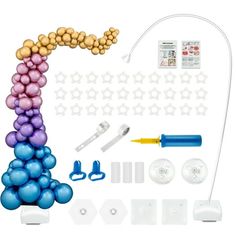 the balloon arch kit is ready to be assembled with balloons, glue and other accessories