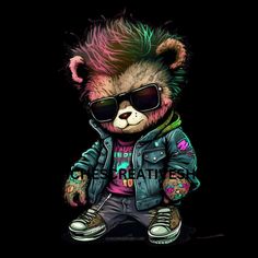 a teddy bear wearing sunglasses and a leather jacket is standing in front of a black background