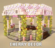 an animated image of a building with flowers growing on it's roof and the words cherry decor above it