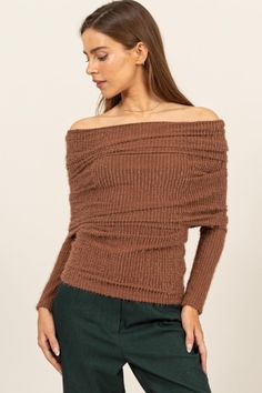 Enhance your style with this sophisticated Fuzzy Off-Shoulder Textured Knit Top. Boasting a unique combination of ribbed and fuzzy textures, this knit top is not only stylish but also comfortable. The off-shoulder neckline adds a touch of sophistication, making it suitable for both casual and dressy occasions. Pair it with tailored trousers or a skirt for a chic and effortless outfit that exudes elegance. Features: Basic style Stretch: Moderate stretch Material composition: 50% polyester, 40% ny Blue Zone, Effortless Outfit, Shoulder Cut, Textured Knit, Off Shoulder Tops, Tailored Trousers, Basic Style, Bottoms Pants, Fashion Games