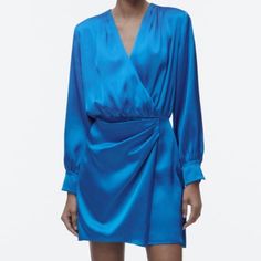 Nwt Zara Silk Wrap Dress. Hidden Side Zipper. Size: Xs Elegant Blue Zara Mini Dress, Elegant Blue Mini Dress By Zara, Zara Blue Evening Mini Dress, Zara Blue Mini Dress For Evening, Zara Blue Long Sleeve Dress, Zara Blue Midi Dress For Cocktail, Zara Blue Cocktail Dress, Blue Satin Dress Long, Long Sleeve Satin Dress