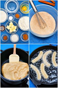 the process for making banana pancakes is shown in four different pictures, including batter and eggs