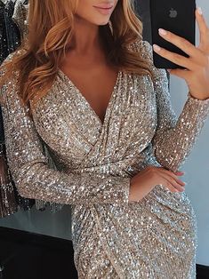 FREE SHIPPING Women V Neck Slit Sequin Dress JKP1748 Plunge Dress, Sequin Maxi Dress, Women Long Sleeve Dress, Winter Party Dress, Sequin Party Dress, Draped Dress, Dress 16, Trend Fashion, Long Sleeve Bodycon