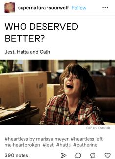 a woman laughing while sitting at a table with boxes in front of her and the caption that reads, who deserved better?