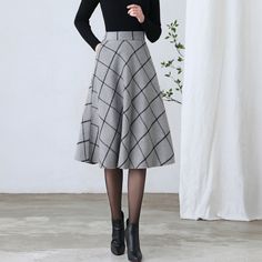 "★★ FEATURES * Wool skirt * Polyester lining * Two side seam pockets * Right zipper closure * back little elastic band * Plus size full skirt * A Line Skirt * Perfect for Winter, autumn * Dry clean ★★ The model is 170 cm (5′ 7″) tall with a 80 cm (31.5\") bust, 66 cm (26\") waist. She is wearing the plaid wool skirt in size XS. ★★ Bespoke Order Service If you Request other color Request the length Your height is not between 155 cm- 172 cm Your weight is over 75 kg I can do it for you, It will ne Long Winter Skirts With Boots, Full Midi Skirt Boots, Wool Maxi Skirts Plaid Amazon, Winter White Wool Skirts, Winter 2022 Skirts, Cheap Winter Midi Skirt, Skirts A Line, Cheap Knee-length Winter Skirt, Wool Tea Length Skirts