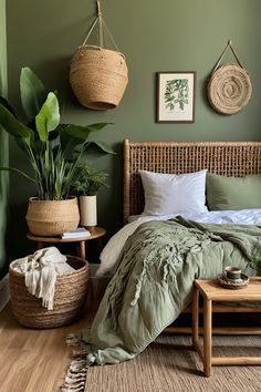 a bedroom with green walls and wicker furniture