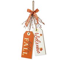 two fall tags hanging from a string on a white background with an orange and red ribbon