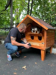 a man kneeling down next to a cat house with a kitten in it's hole