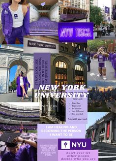 the collage shows images of people in purple and white outfits, with words that read new york university