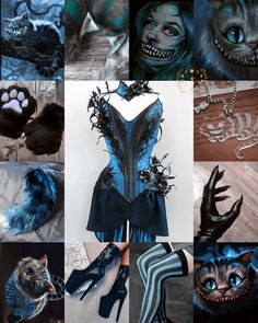 a collage of photos with cats and costumes on them, including an image of a woman's face