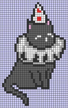 a cross stitch pattern with a black and white cat wearing a hat on top of it