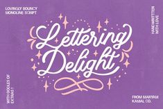 the front and back cover of a purple book with white lettering that reads, lettering delight