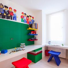 a child's room with lego furniture and toys on the shelves, including a desk