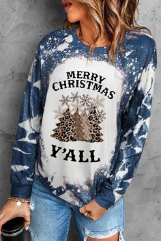 Material- 95% Polyester + 5% Elastane Blue Tops For Holiday And Fall Season, Winter Holiday Relaxed Fit Tops, Winter Holiday Tops With Relaxed Fit, Relaxed Fit Winter Holiday Tops, Merry Christmas Yall, Tie Dye Print, Free Shopping, Wardrobe Essentials, Womens Clothing Tops