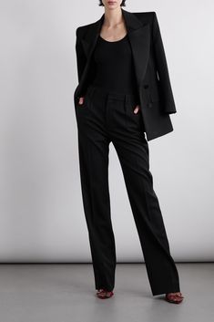 The power suiting that closed SAINT LAURENT's Fall '22 runway took its cues from '80s styles. These pants are expertly tailored from grain de poudre wool and have crepe trims down the straight legs. The creased details create an elongating effect. Wear yours with one of the label's sharp blazers. Tailored Suit Women, All Saints Clothing, Tailored Pants Outfit, Black Top Outfit, Black Blazer Outfit, Ralph Lauren Collection, Leggings Design, Tweed Blazer, Pants Design