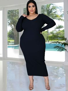 Material:Ribbed. 30%-50% Cotton & Spandex. Features:Plus size. long sleeves. knit. solid color. bodycon midi dress.Style: Casual V-neck Bodycon Dress For Winter, Long Bodycon Dress For Winter, Long Sleeve Ribbed Stretch Dress, Stretch Ribbed Long Sleeve Dress, Chic Long Sleeve Ribbed Midi Dress, Chic Ribbed Long Sleeve Midi Dress, Stretch Long Sweater Dress, Ribbed Long Sleeve Dress For Night Out, Long Ribbed Bodycon Sweater Dress